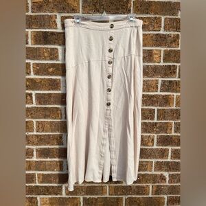 American Eagle Flared Front Button Long Beige Elastic Waist Skirt Sz L